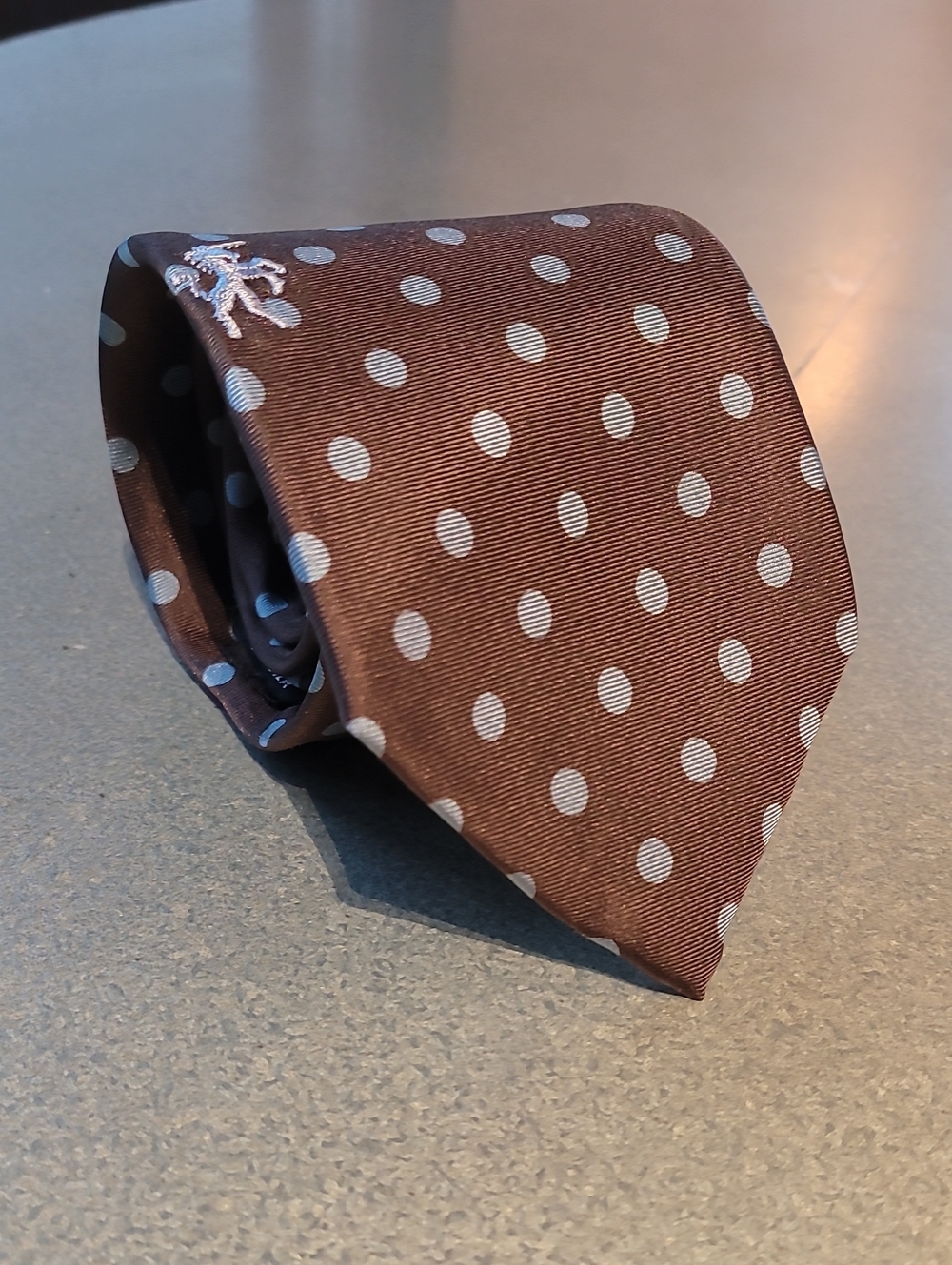 BRONZINI Polka Dot Brown Silk Tie With Motif- Classic Formal Style